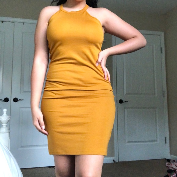 yellow form fitting dress